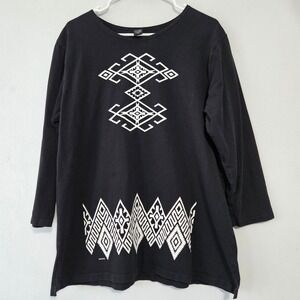 Sabaku Artwear Top Women L Black White Geometric Tribal Long Sleeve Boho Minimal